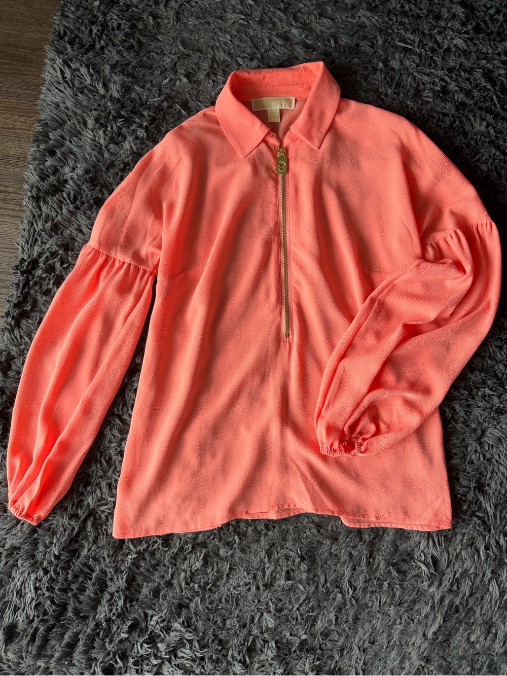 Michael Kors Coral Zip-Front Balloon Sleeve Blouse